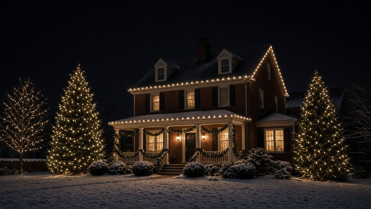 Brick colonial home in snow with warm white Christmas lights and garland