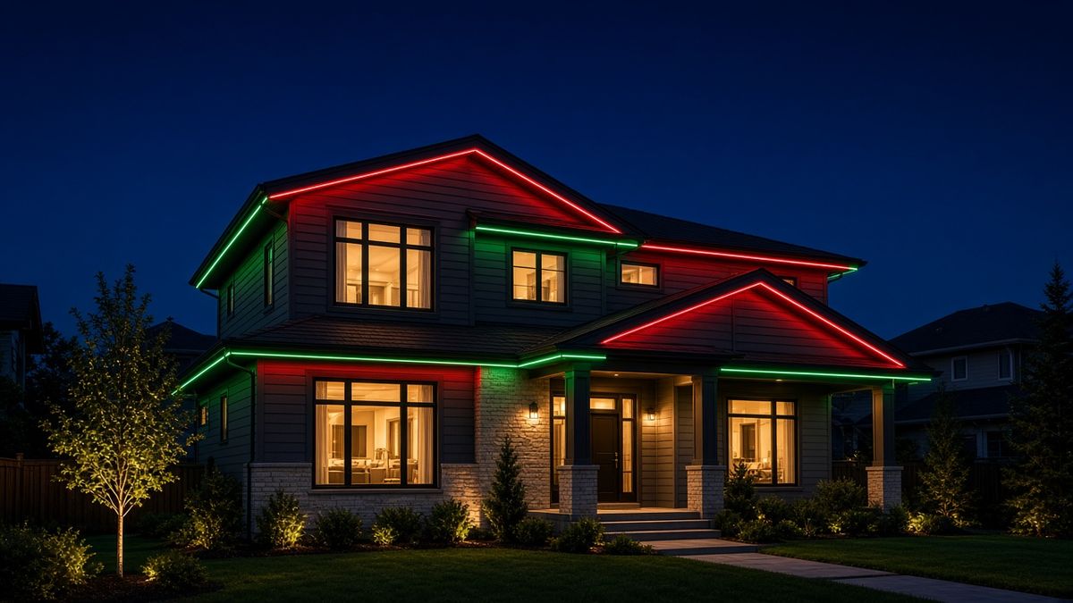 Two-story home with red and green permanent roofline lighting